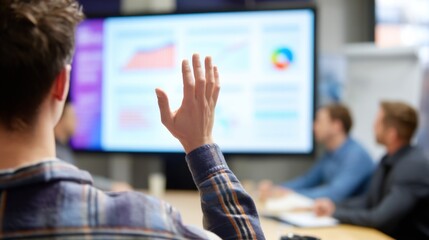 Over-the-shoulder view of a businessperson raising hand during a data presentation with colorful charts on large screen in modern office meeting room, teamwork and engagement concept