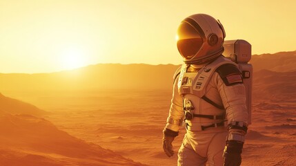 Astronaut walking on Mars surface in space exploration mission. Futuristic sci-fi concept of interplanetary travel