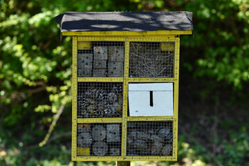 Self-built diy bee hotel in the garden