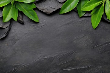 Fresh green leaves on dark slate background.  A serene and natural image with vibrant green leaves framing a dark slate surface.  Perfect for a spa or wellness background