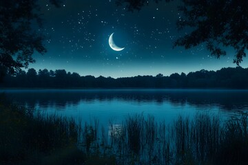 The tranquil lake surface under the reflection of the new moon