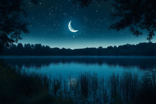 The tranquil lake surface under the reflection of the new moon