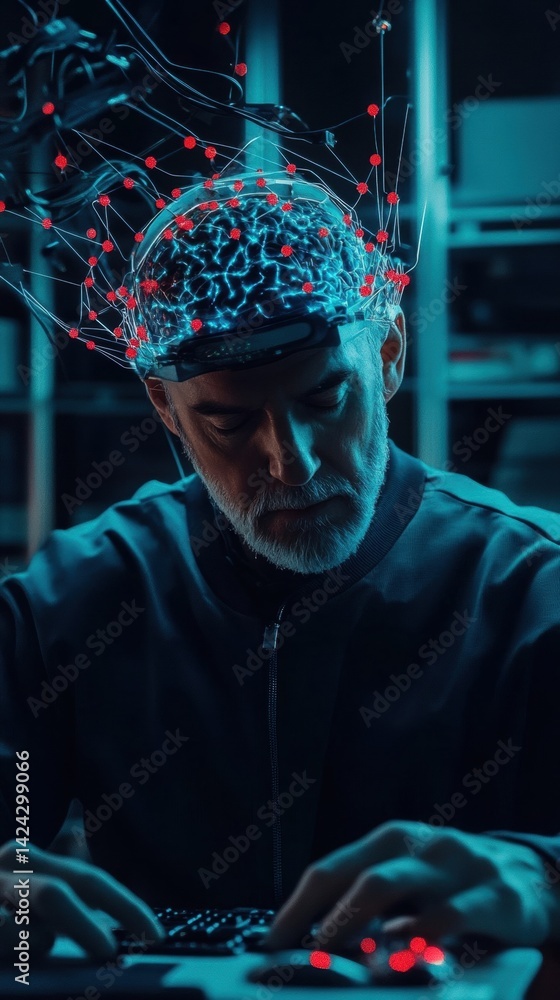 Poster a man with a glowing brain interface, focused on a computer.