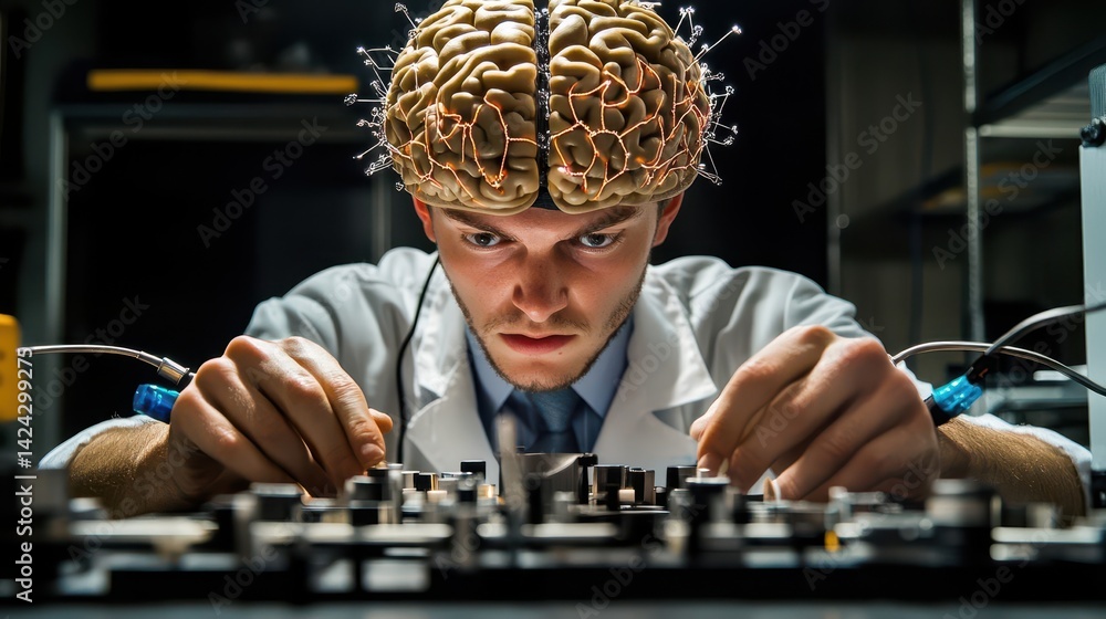 Poster a scientist with a glowing brain works on a complex circuit board.