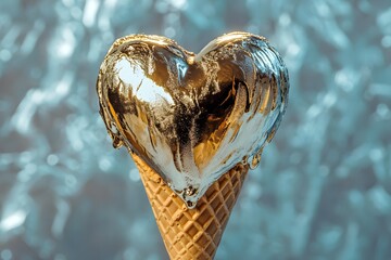 On-trend heart-shaped ice cream coated in liquid gold, ice cream day, waffle cone, summer atmosphere, Valentine's Day