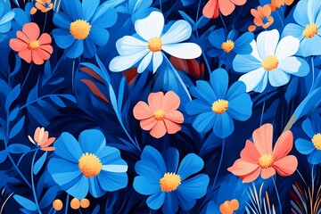 Vibrant Blue and Peach Cosmos Flower Garden Illustration