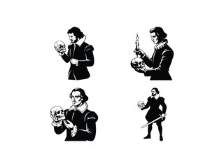  Old man Hamlet with Skull Silhouette | Feather Hat Vector Art