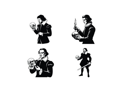  Old man Hamlet with Skull Silhouette | Feather Hat Vector Art