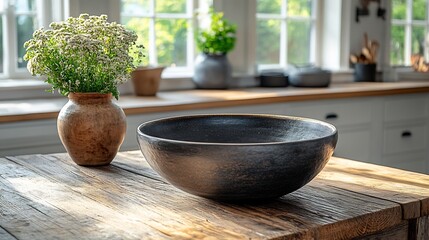 Blackware bowl placed on a wooden table in a rustic farmhouse kitchen The high key lighting emphasizes the bowls smooth matte surface creating a striking contrast with the textured wood