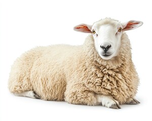 Fototapeta premium Resting sheep with fluffy fleece on a bright, white background