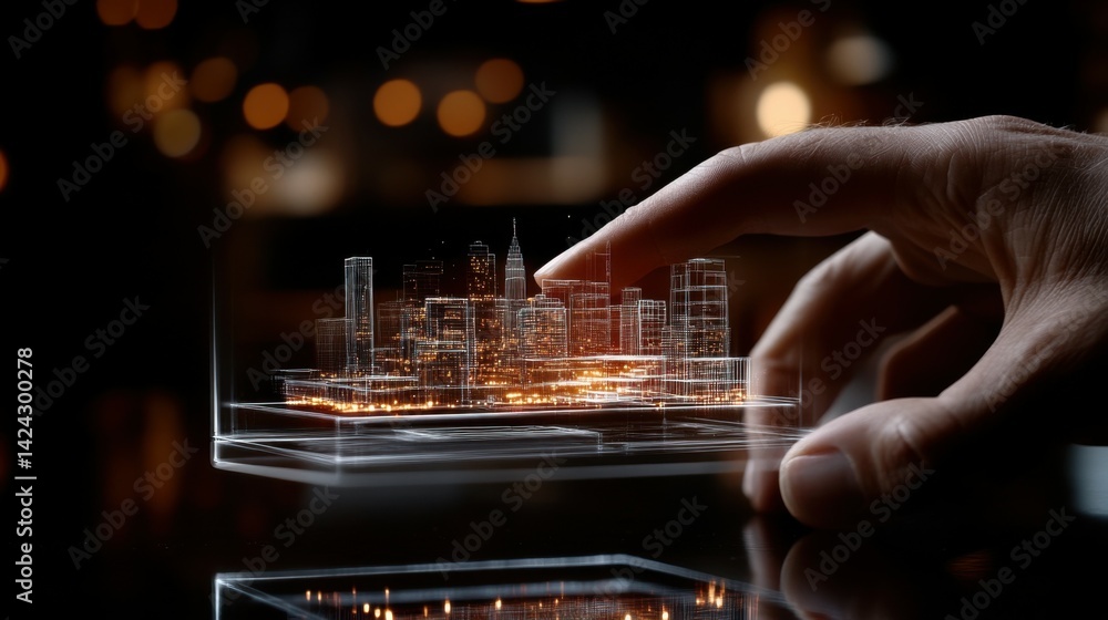 Poster architects visualizing building designs with holographic 3d models.