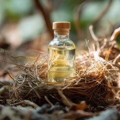Fototapeta premium Close-up of a small glass essential oil bottle with wooden cap placed in a natural bird nest made of dried twigs and grasses under soft woodland lighting, aromatherapy and nature concept