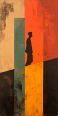 A man walks on a road with bright colors and an abstract background. A painting that contains light orange, red, blue and yellow colors.