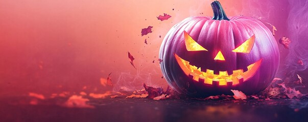 Fototapeta premium Scary carved pumpkin glowing on a spooky night for halloween