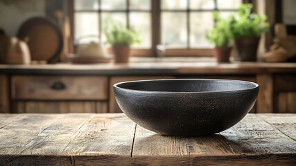 Blackware bowl placed on a wooden table in a rustic farmhouse kitchen The high key lighting emphasizes the bowls smooth matte surface creating a striking contrast with the textured wood