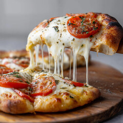 pizza with stringy mozzarella, tomatoes and basil