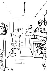 Eclectic kitchen interior with yellow ceiling, black floor and a mix of plants, textures and cheerful tones.
