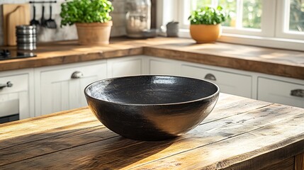 Blackware bowl placed on a wooden table in a rustic farmhouse kitchen The high key lighting emphasizes the bowls smooth matte surface creating a striking contrast with the textured wood