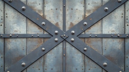 Old weathered metal door texture with cross pattern and rivets background