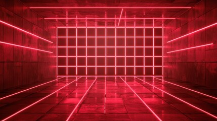 Futuristic Red Illuminated Room with Geometric Neon Grid and Line Design