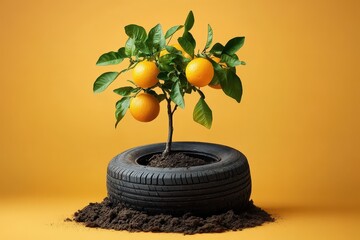 Orange tree growing in a recycled tire planter.