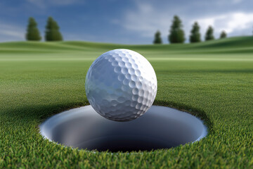 Fototapeta premium Golf ball nearing hole on a sunny day at the course