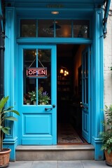 A traditional blue shop door with a 'open' sign hanging outside, blue, business, store