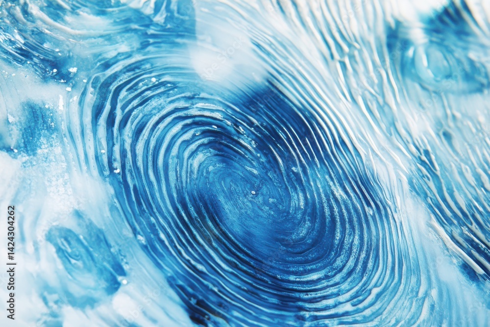 Poster aerial view of swirling blue water creating abstract patterns and textures with white highlights vis