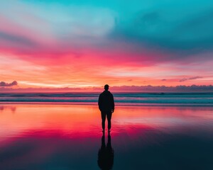 Fototapeta premium Personality Ambivert Concept Silhouette at sunset reflecting on calm ocean waters.