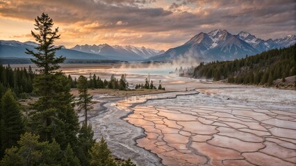 Breathtaking mountain landscape with sunset and tree line  