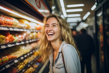Smiling young Caucasian woman browsing in a supermarket