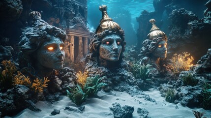 Underwater ruins with ancient statue surrounded by stone columns and colorful tropical fish. 3D rendered digital artwork showing submerged archaeological site. Lost city 