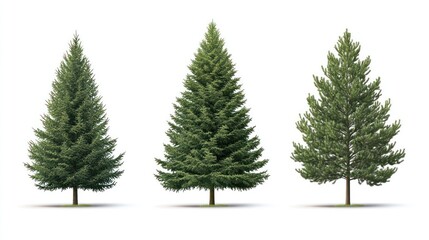 Obraz premium Three evergreen trees, growth stages, white background, nature