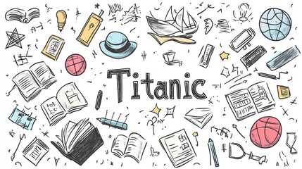Titanic doodle illustration; books, sports, travel