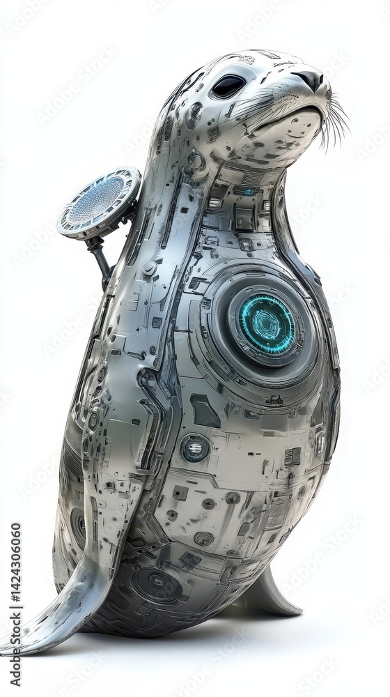 Poster a futuristic robotic seal with advanced technological features.