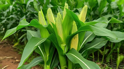 Fototapeta premium Vibrant green corn plants with ear development under clear sky