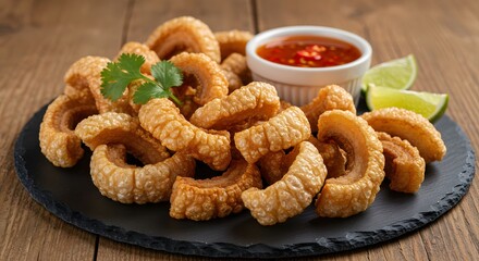 Crispy Pork Rinds with Spicy Dipping Sauce.