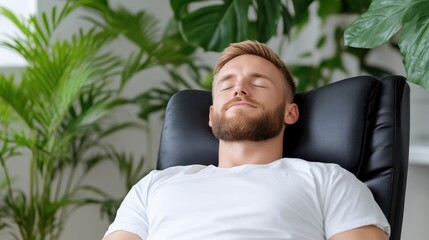Man in leather chair with plants, serene minimalist style, natural soft lighting, portrait close-up shot, relaxed peaceful posture, lush green backdrop, calm neutral tones, perfect for wellness ads