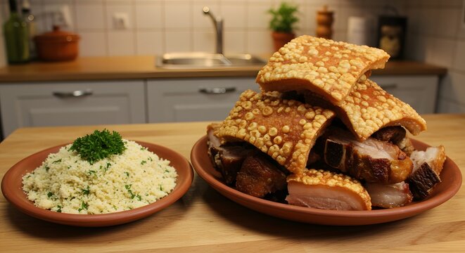 A hearty serving of traditional Brazilian torresmo (fried pork belly) piled high on a ceramic platter, paired with a side of toasted farofa sprinkled with parsley. 