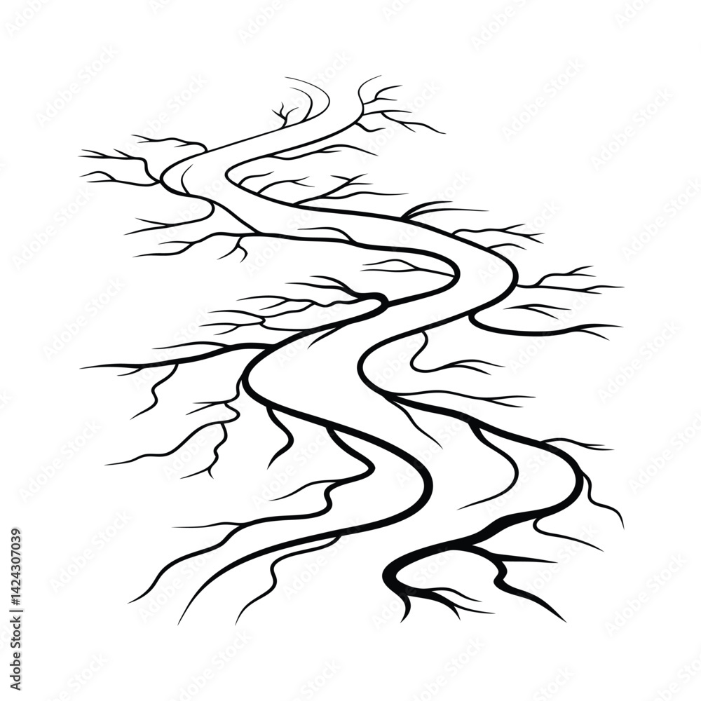 Poster bare branch river illustration artistic monochrome vector design with winding branches and stream ef