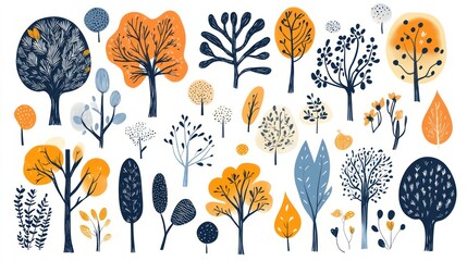 Autumn tree collection, stylized illustration, white background, design element