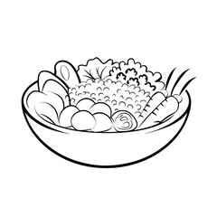 Black and white outline illustration of a healthy vegetable bowl containing carrots lettuce and eggs ready to enjoy