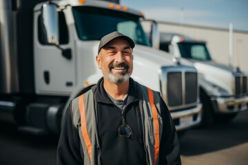 Smiling portrait of a middle aged caucasian male trucker in the USA