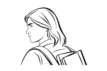 Line art illustration of female student with backpack looking back in a minimalist style