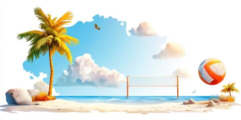 A vibrant beach scene featuring palm trees, a volleyball net, a ball, and a clear sky, perfect for leisure and sports activities.