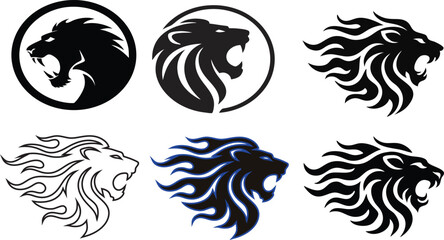 Roaring lion icon set, line vector style, black on white, flame mane, wild cat outline, fierce beast symbols, king of jungle, dynamic stroke, minimal majestic predator icons. collection, logos
