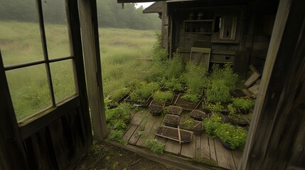 Abandoned rustic space with overgrown plants and natural light