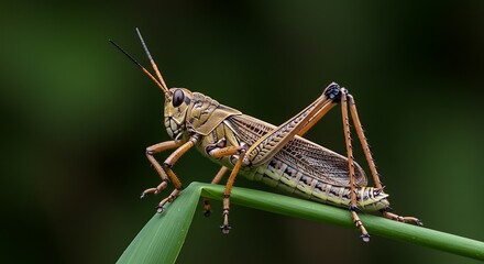 Detailed close-up of a grasshopper sitting on a vibrant green leaf. Stock photo for nature and...