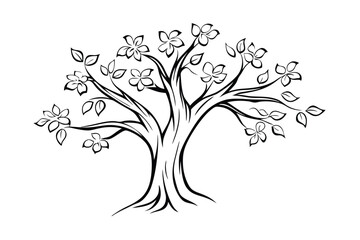 Elegant minimalist tree illustration with blossoms and leaves in black and white stylized design
