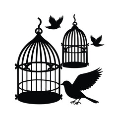 Bird cage silhouette vector, vintage birdcages with bird, bird cage icon
